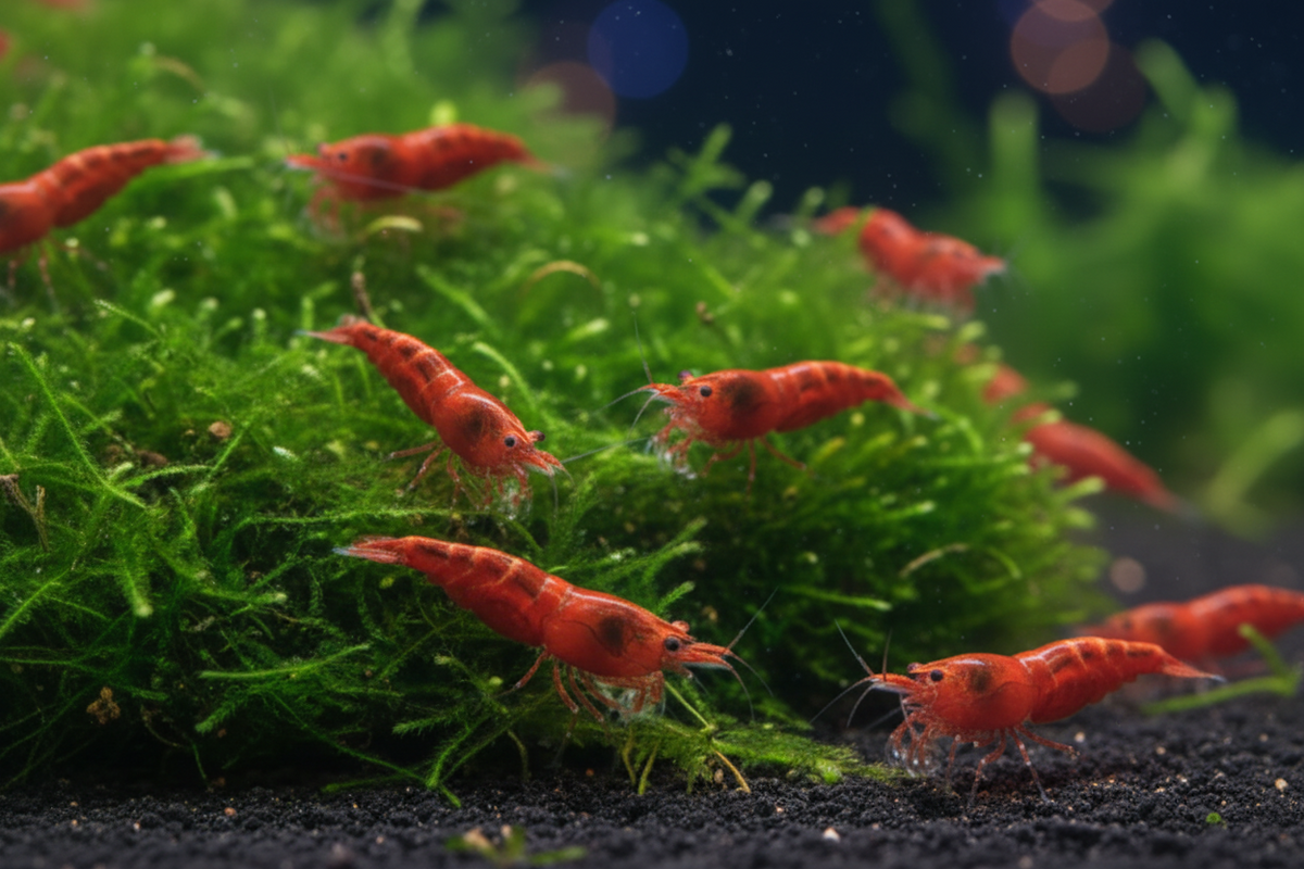 10 Red Sakura Garnelen +1 Becher Vesicularia montagnei InVitro Christmas Moos Aquarienpflanze