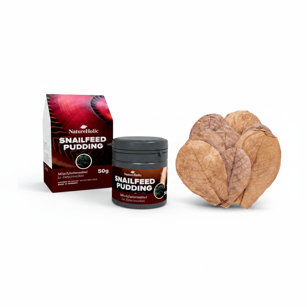 Aufwuchsfresser Futter Paket - Schneckenfeed Pudding - 10 St. Seemandelbaumblätter